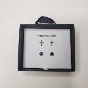 Sterling Silver Cross & Round Shaped Blue Rhinestone Earring Set